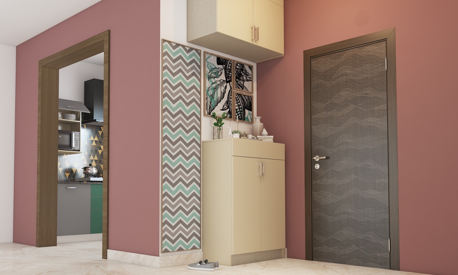 Flush door design with mica and wave pattern enhances the living space's aesthetic
