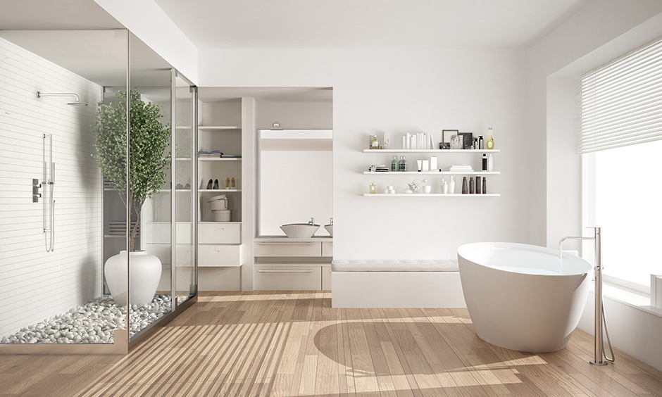 An attached bathroom with a white and light brown theme, creating a beachy and airy vibe