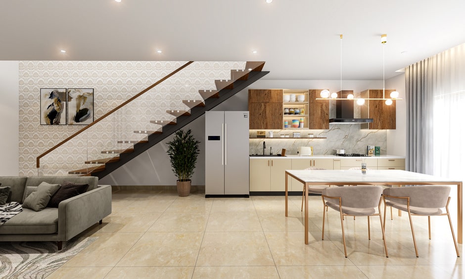Wooden and glass staircase railings offer unobstructed open kitchen views, blending modern and traditional styles