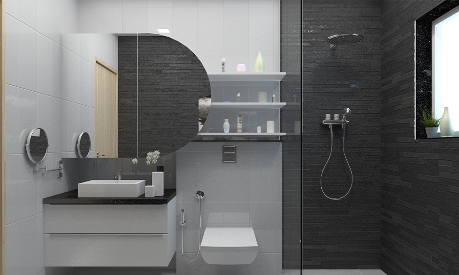 The bathroom featuring black granite on the vanity countertop, providing a serene and luxurious atmosphere