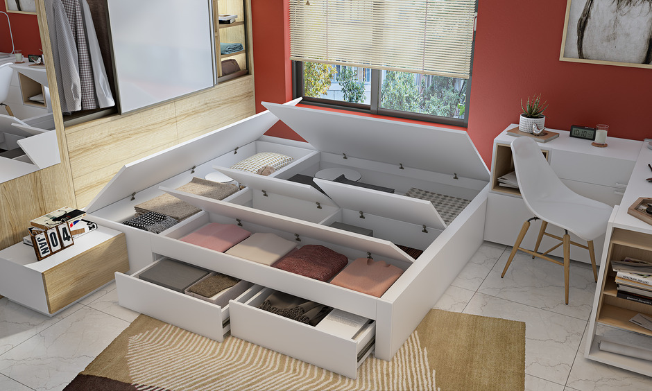 A box bed with storage has multiple compartments underneath