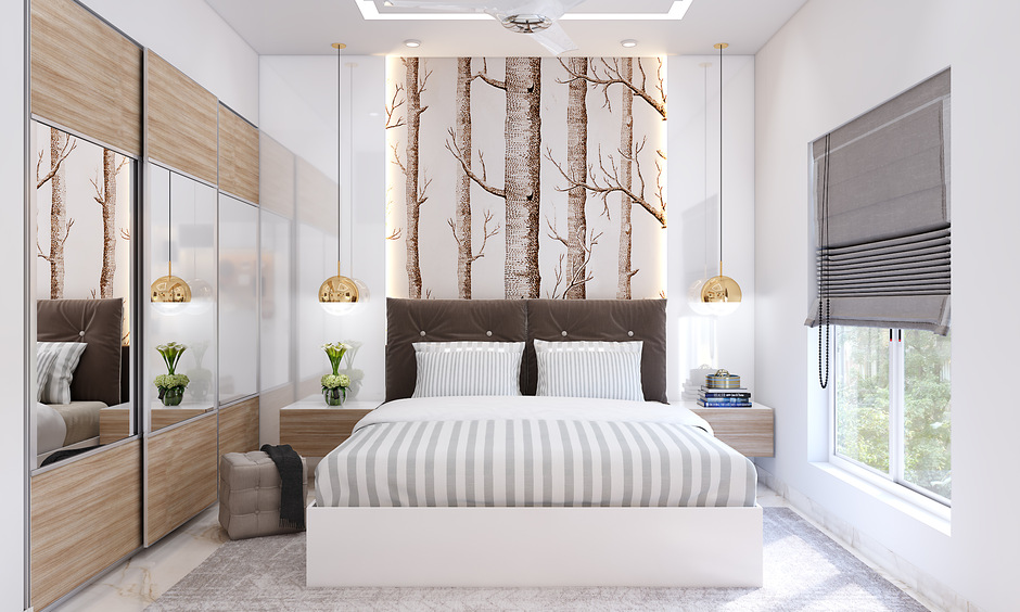 A corner wardrobe with attached mirrors on doors