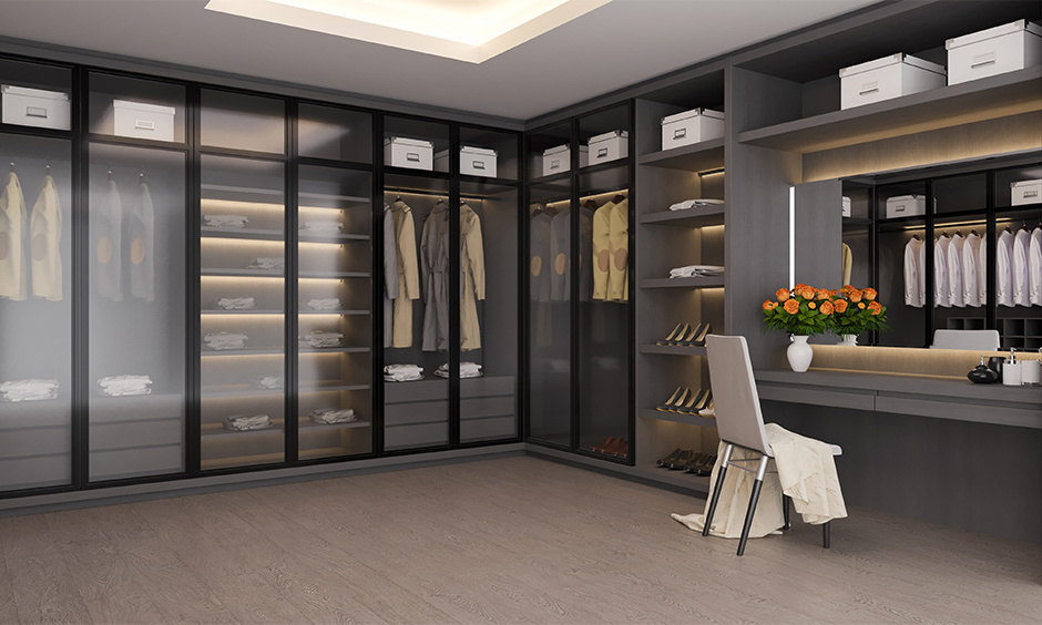 Corner wardrobe with dressing table enhancing functionality