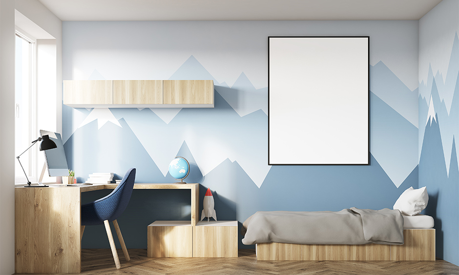 Blue mountain-themed study room wallpaper design