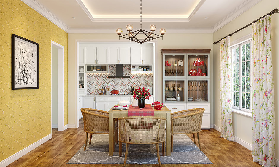 Red and yellow colour combination for the dining room: a red table runner with warm yellow walls