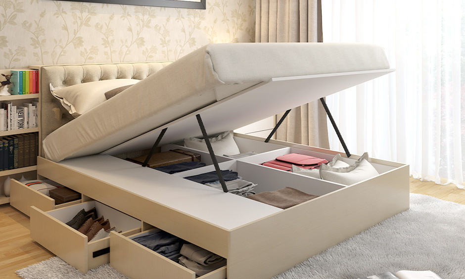 A double bed with a box design has multiple pull-out drawers on both sides
