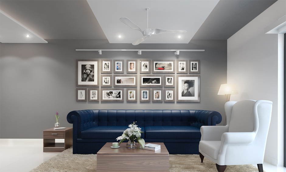 Off-white down ceiling design for the drawing room enhances a cohesive and sophisticated look