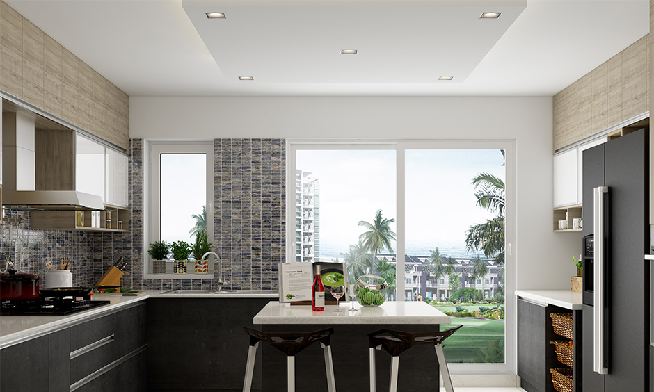 The black and white kitchen features a minimalist down-ceiling design with concealed backlit lighting for ample illumination