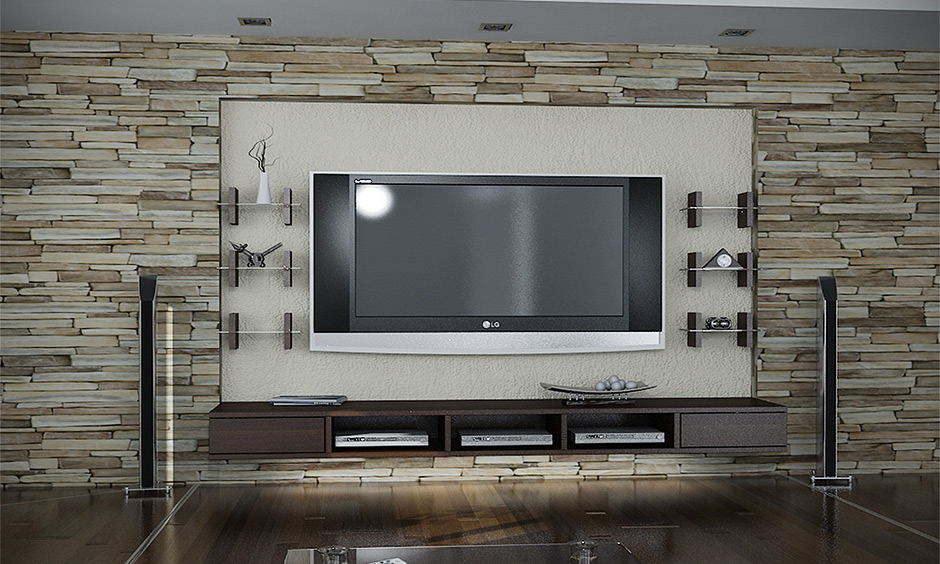 Modern living room with floating glass wall shelves showcasing stylish decor