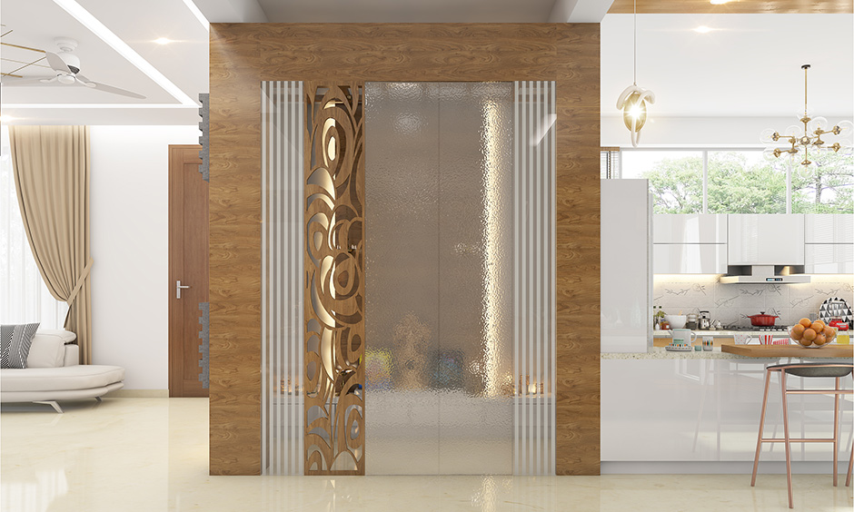 Serene fluted glass door for mandir or pooja room with traditional wooden accents
