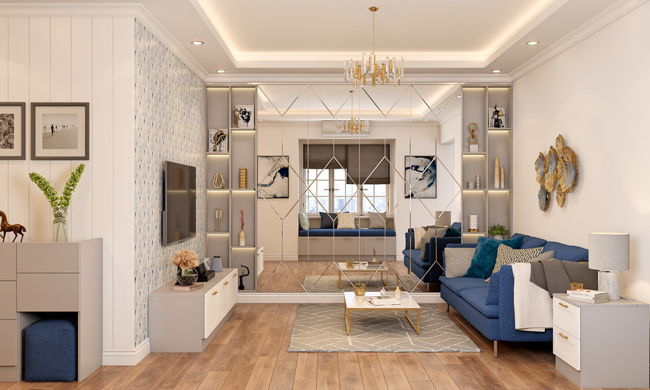 A full-wall mirror design with lights in the living room