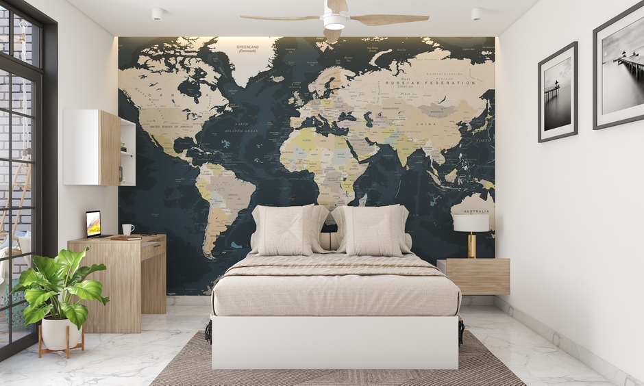 Full wall stickers for bedroom featuring a large, detailed world map design