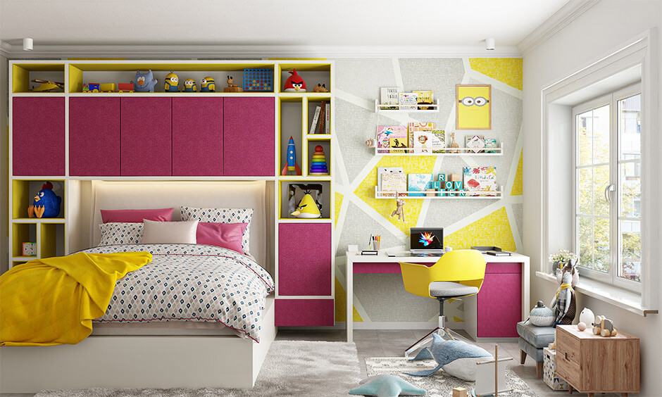 Girl's bedroom bookshelf in yellow and pink combines storage with playful decor to inspire imagination