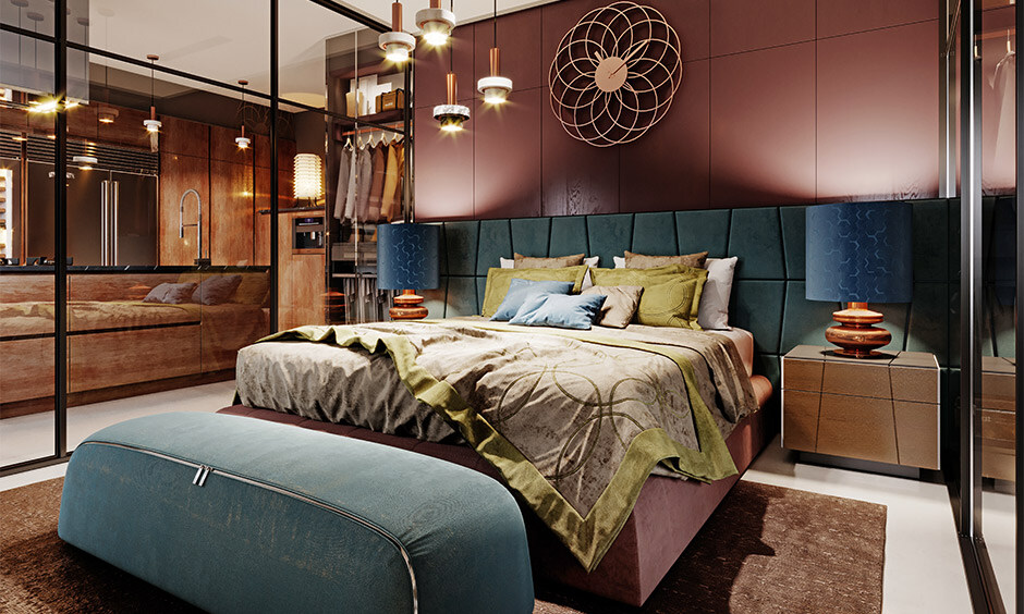 Smart glass partition wall separating the bedroom from the kitchen