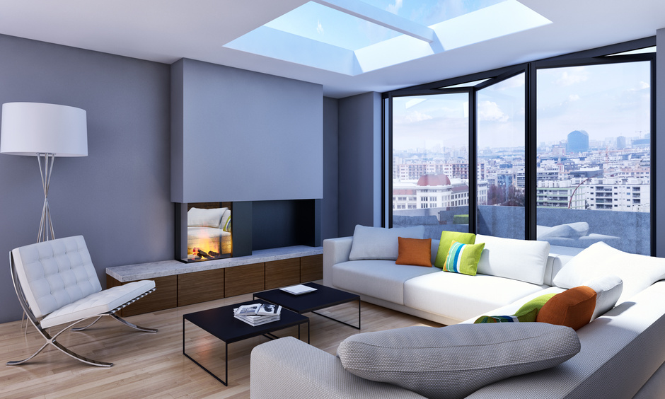 Modern living space with sleek glass wall panels