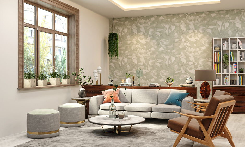 Eclectic Bohemian-inspired living room with vintage armchair, low coffee table, and warm tones