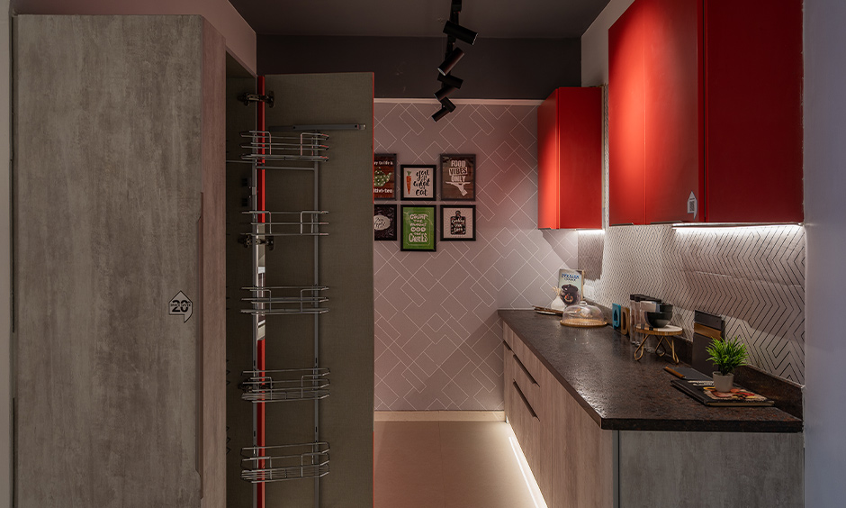 Eclectic kitchen with neutral grey and red colour combination for lower and upper cabinets