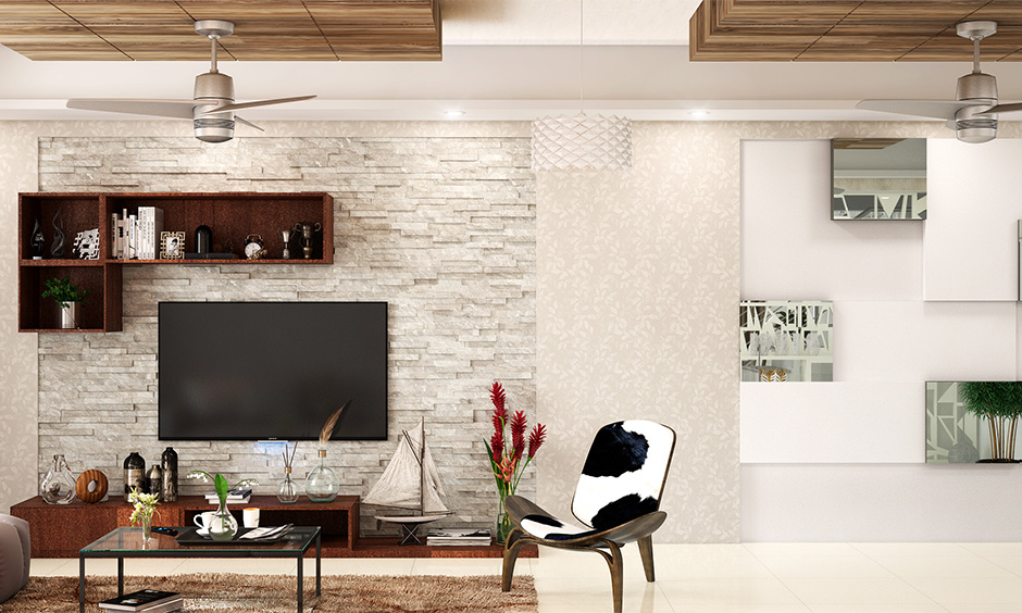 Wooden PVC down ceiling design adds natural charm and depth to a spacious living room