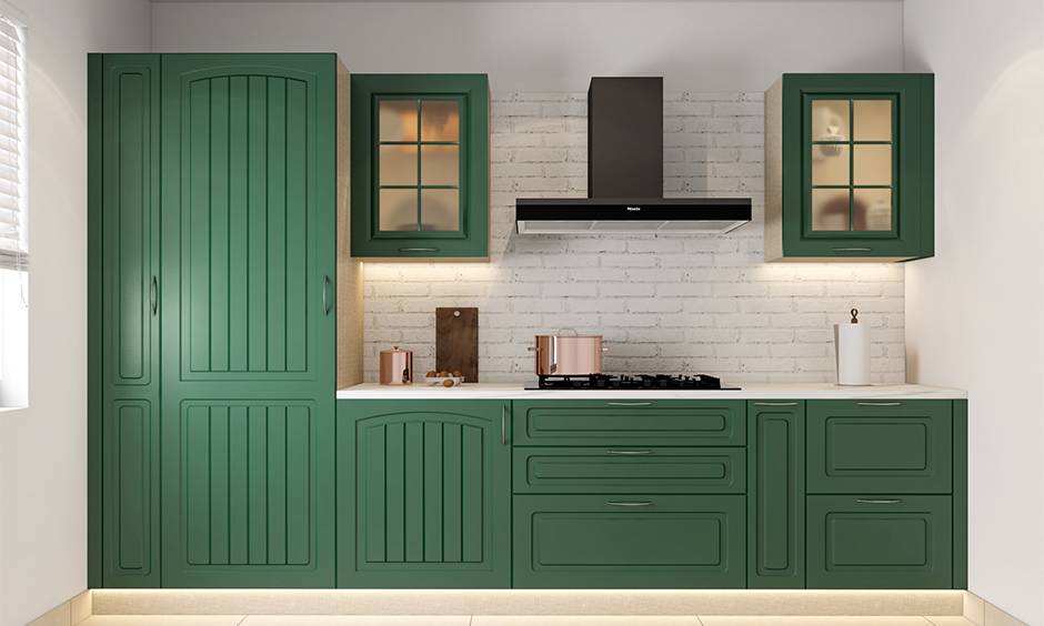 Membrane finish kitchen in green applied to wooden surfaces