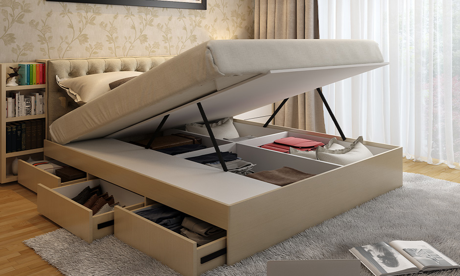 Modern plywood bed design with lift-up hydraulic storage