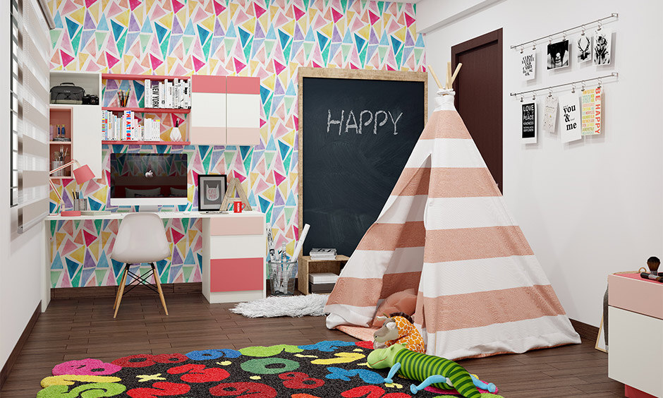 Geometric pattern wallpaper for study room walls brings vibrant energy