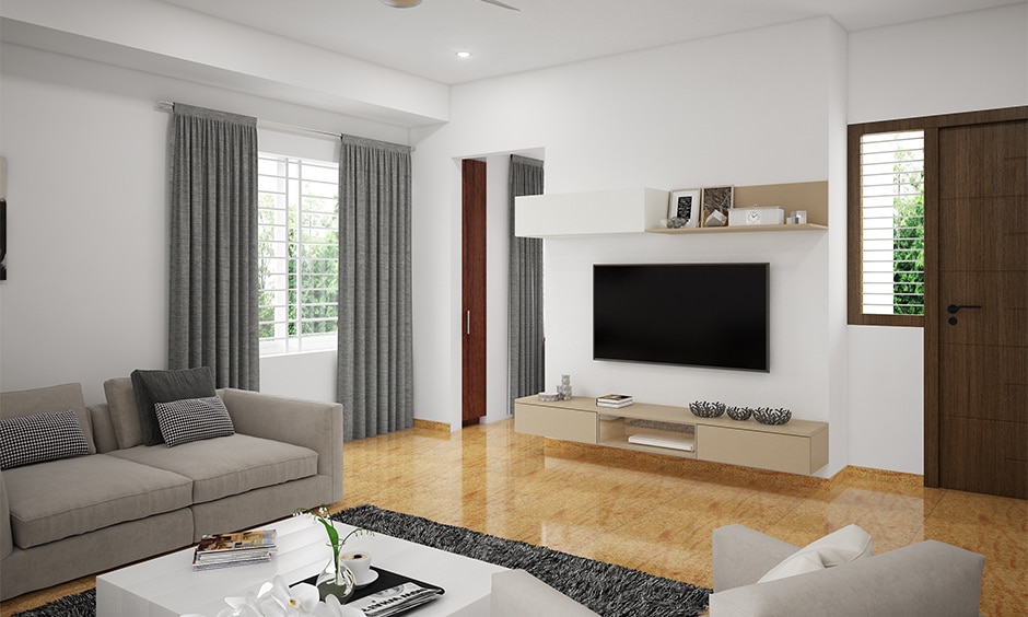 Modern living room with light brown and grey PVC floor carpet