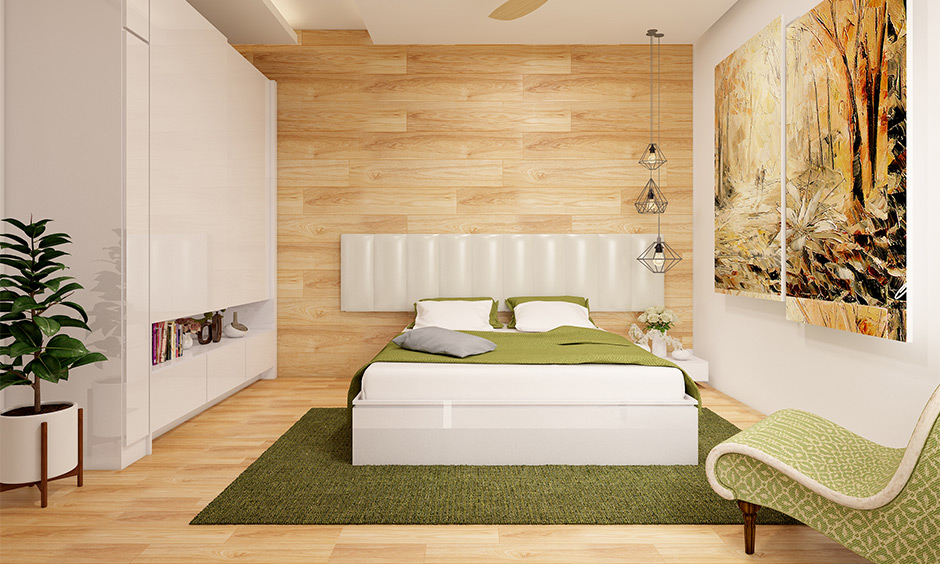PVC carpet for floor extends up the wall, enhancing the bedroom with a wood-like design