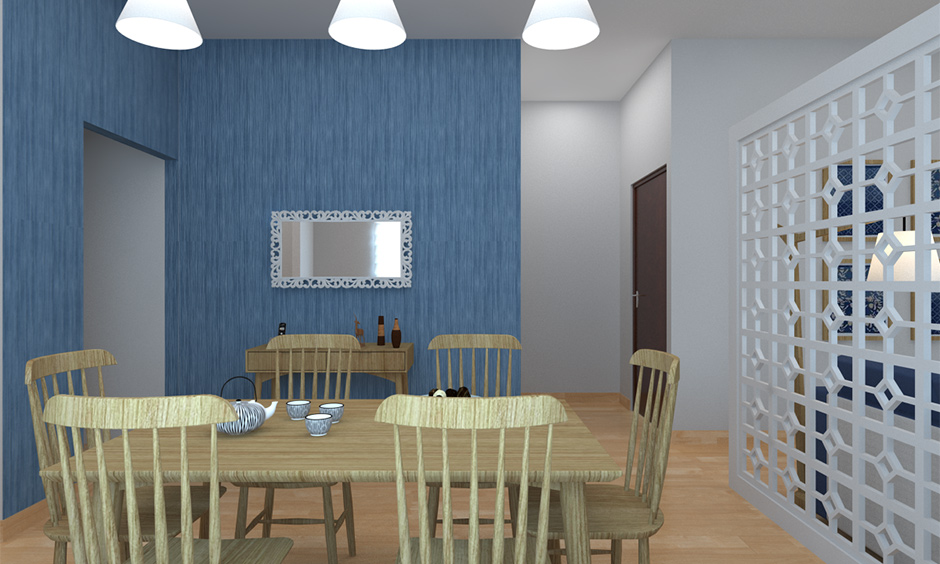 Modern open-plan dining room with light brown PVC floor carpet design