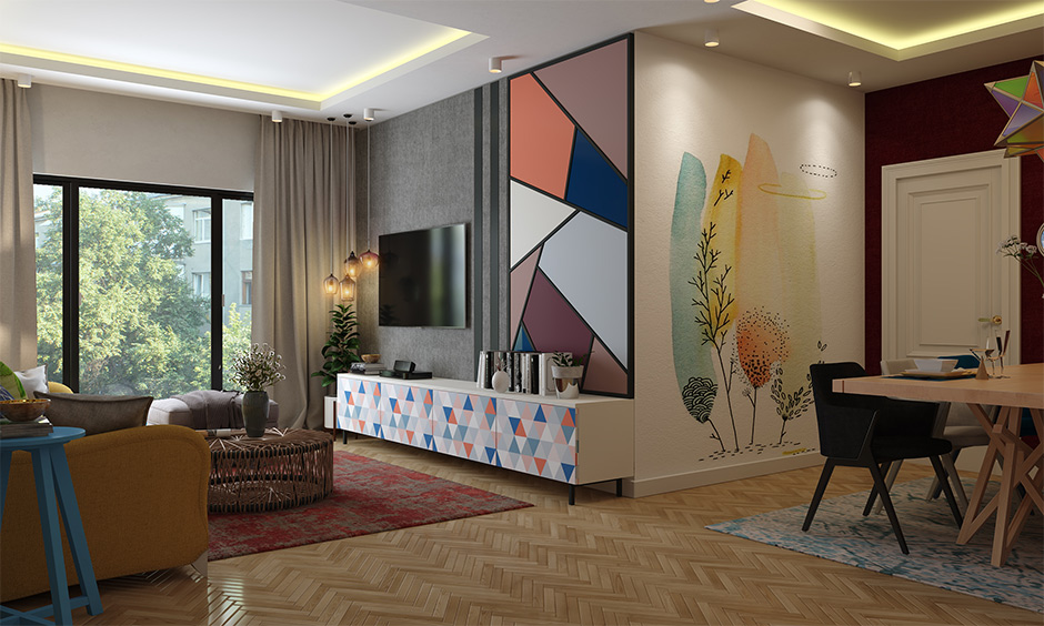 Living room with a stunning PVC floor carpet in herringbone design paired with geometric art decor