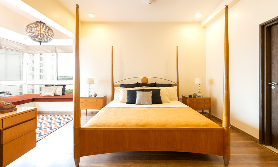 Mustard yellow queen-size bed plywood with charming headboard