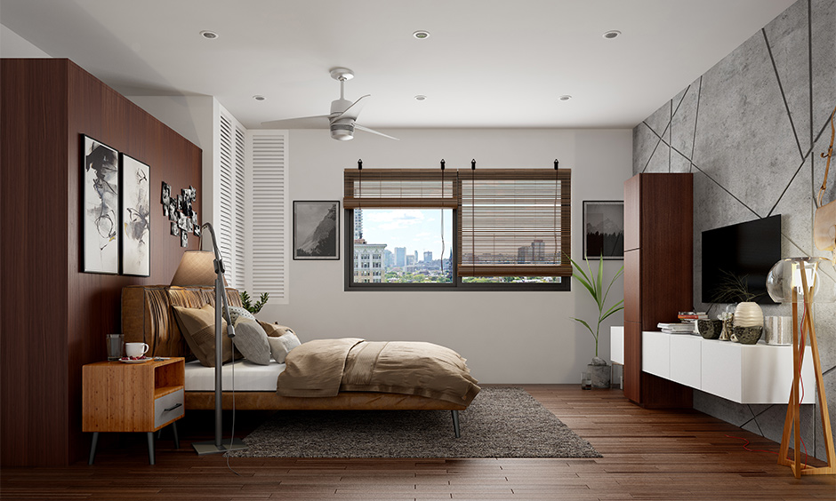 Rustic PVC carpet on the floor in a large bedroom, accompanied by wooden furniture and white walls