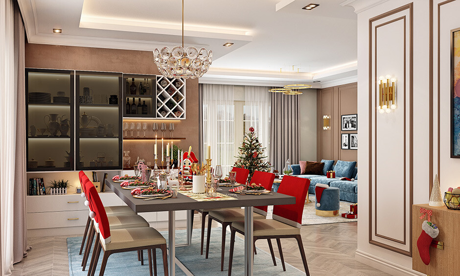 Festive dining setup: red chairs with Santa hats, silver table, white walls, bright and airy with the silver-red colour combo