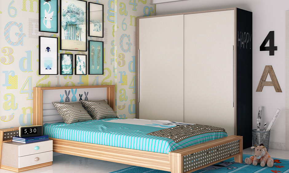 Low-profile plywood bed with a solid base, blending contemporary style with an adorable room design