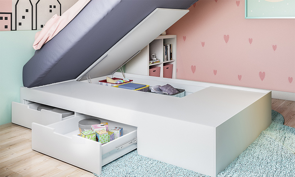 A sunmica box bed design with lift-up storage beneath the mattress