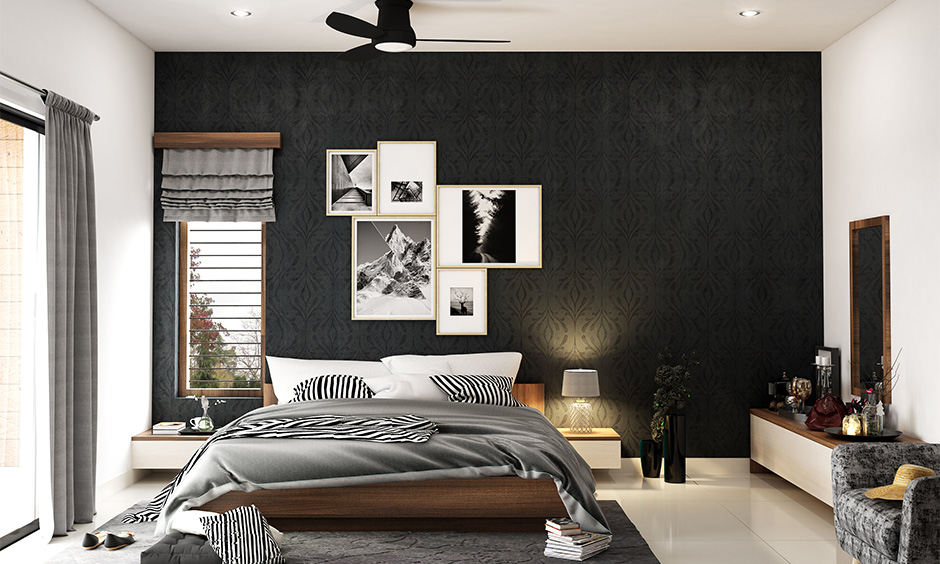 Wall bedroom renovation ideas with textured black wallpaper, adding glamour to the space