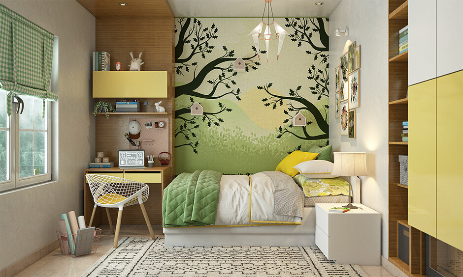 Wall-mounted bookshelf in a children's room provides easy access to books