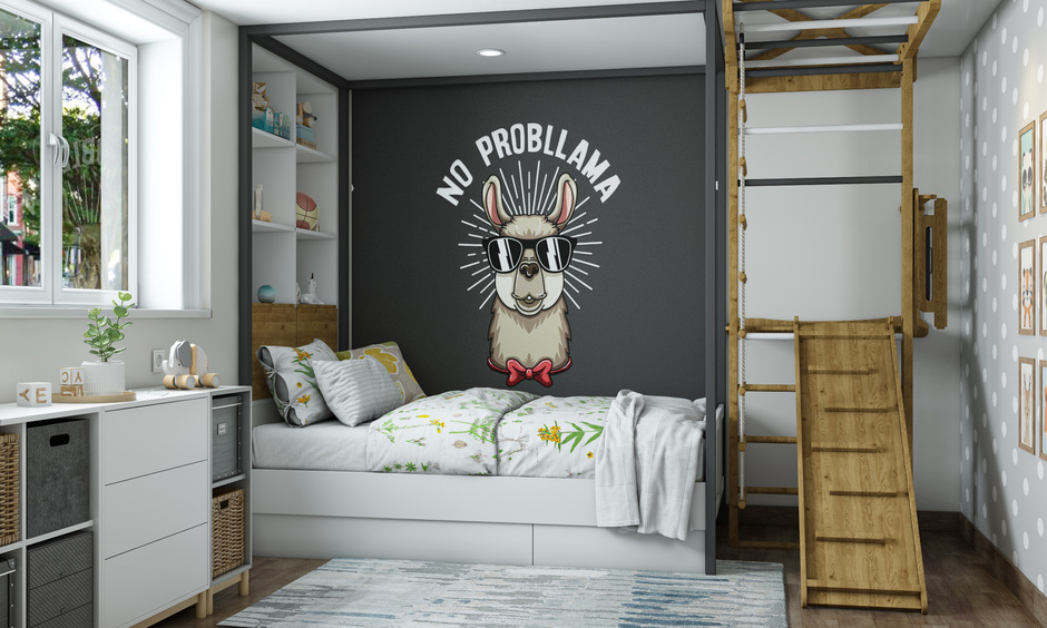 Wall painting stickers for the bedroom featuring a llama wearing sunglasses with the quote "No Problema"