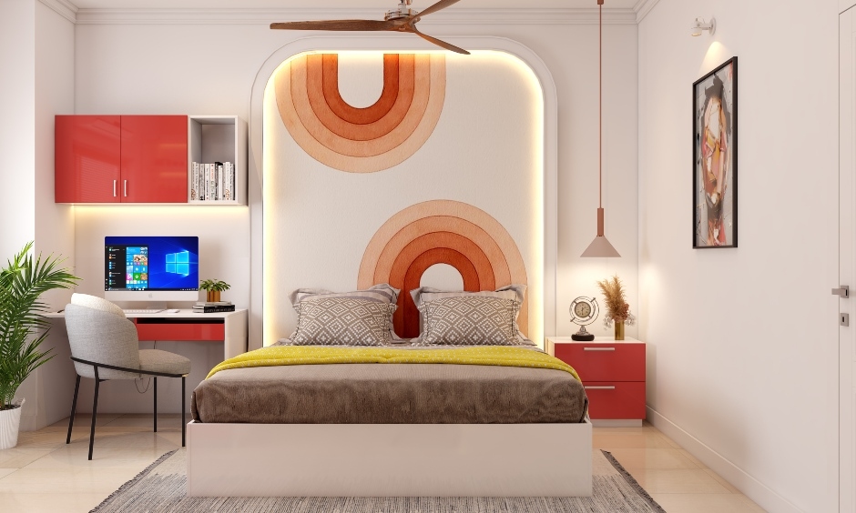 Bedroom with white and orange wall colour combination