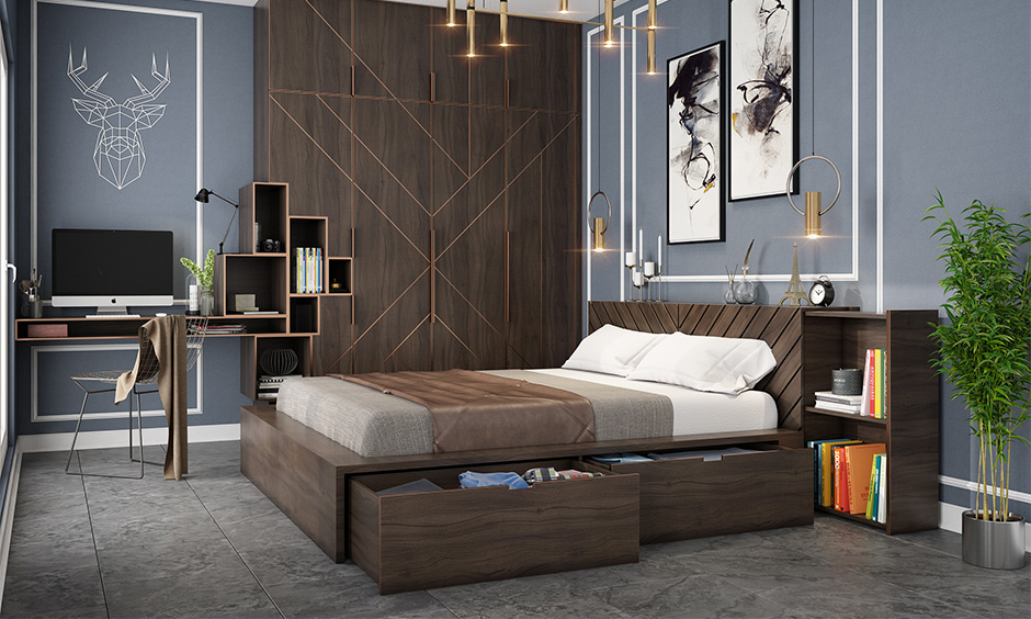 A wooden box diwan bed with pull-out drawers
