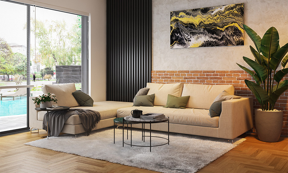 Rustic-industrial living room with wooden PVC carpet flooring and marble finishes