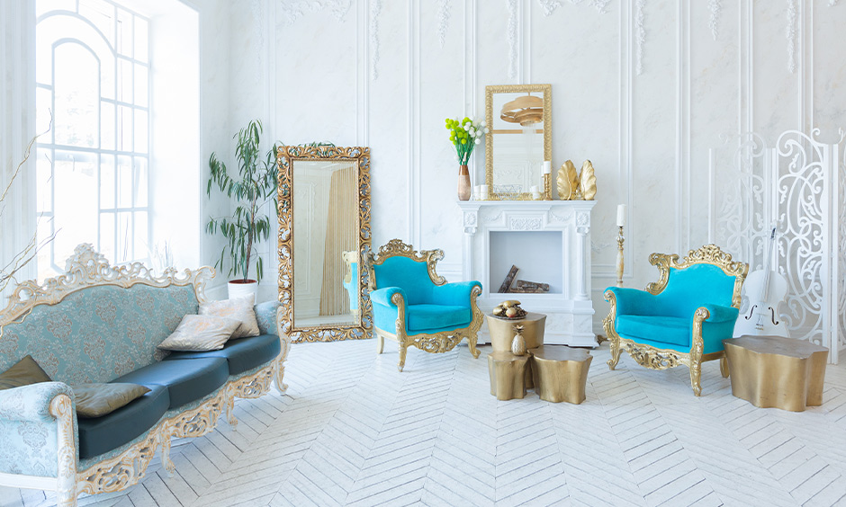Living room with blue and gold colour combination and standout coffee tables