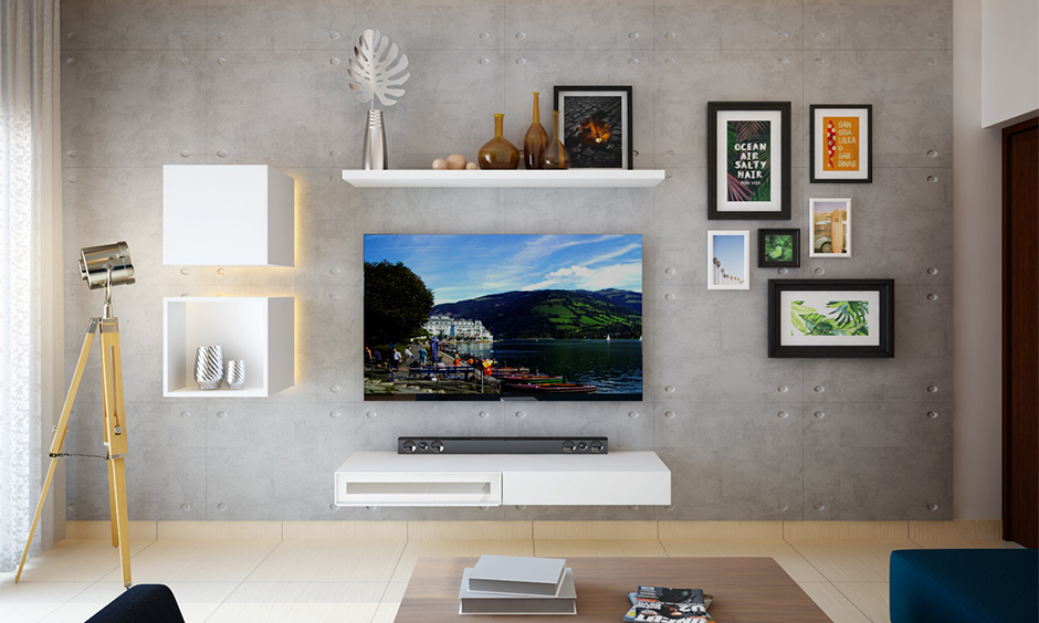 Modern TV wall enhancing living room interior design with shelves and panels