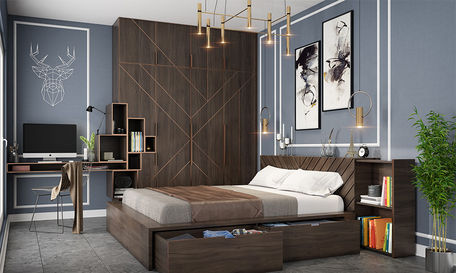 Bedroom with grey and gold colour combination