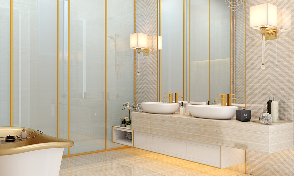 Bathroom reimagined with metallic gold paint colour combination