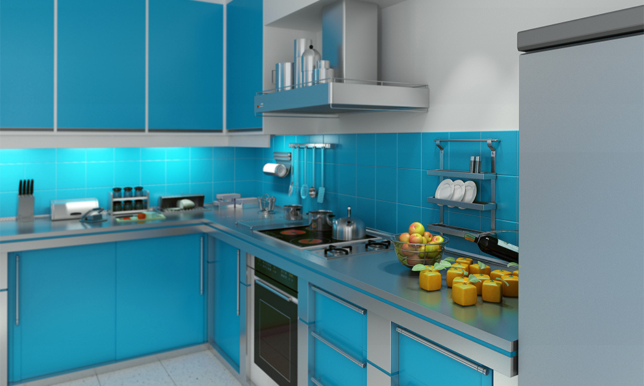 Aqua blue and white kitchen design, creating a calm, relaxing paradise with beach-inspired vibes