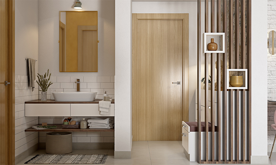 Bamboo veneer doors create a bold, beautiful statement in a simple white-walled entryway