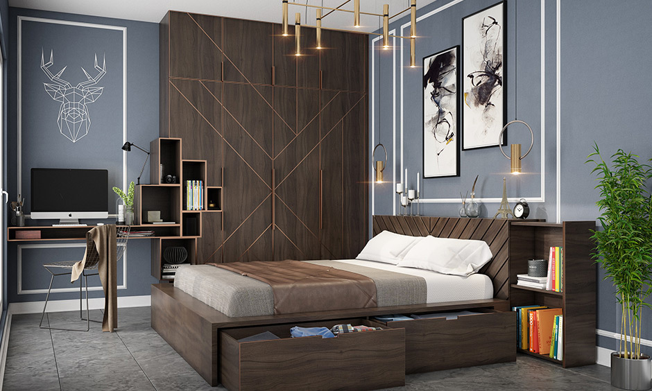 Geometric patterns in bedroom wardrobe sunmica design add dynamic visual impact