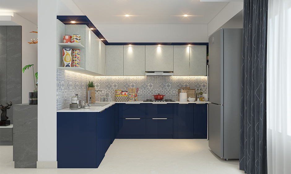 Two-tone blue and white kitchen cabinets with blue base and white uppers for a stylish, dynamic look