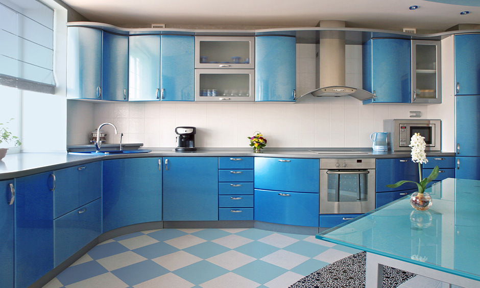 Blue and white kitchen floor tiles with soft tones, creating a light, spacious, and airy atmosphere