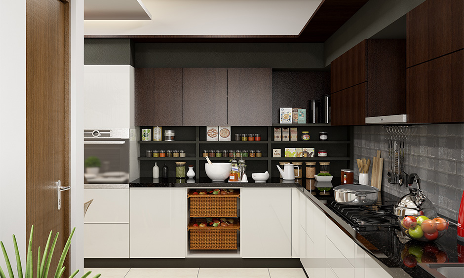Elegant L-shaped kitchen featuring brown & white laminate colour combination for a spacious feel